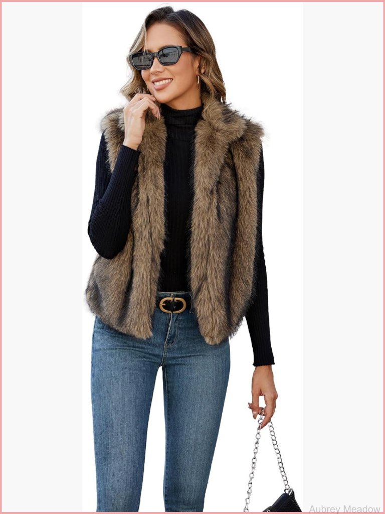 Faux Fur Vest Sleeveless Open Front Cardigan Jacket Fluffy Outwear With Pockets